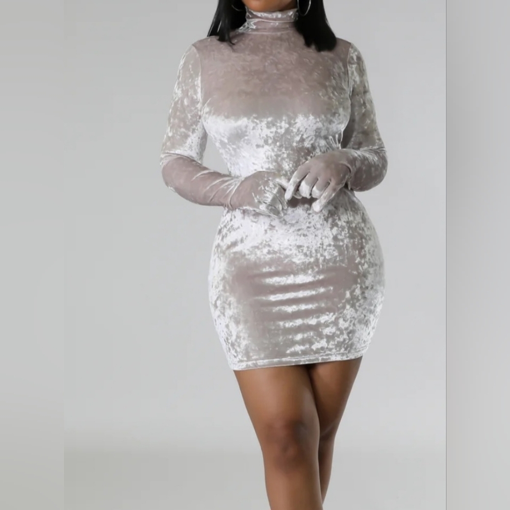 Giti Velvet Long Sleeve Dress in Silver